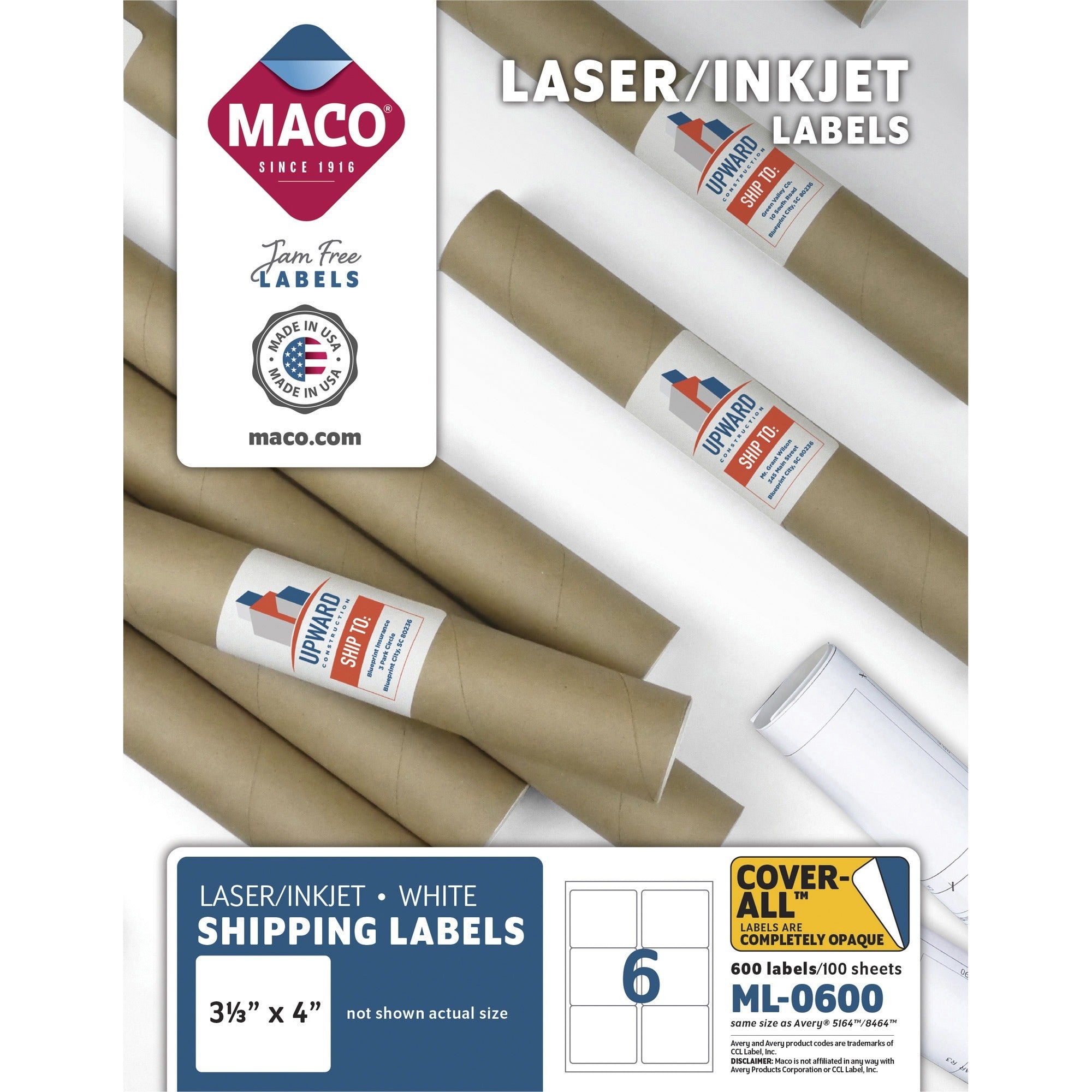 maco-white-laser-ink-jet-shipping-label-3-21-64-width-x-4-length-rectangle-laser-inkjet-white-6-sheet-600-box-lignin-free_macml0600 - 1