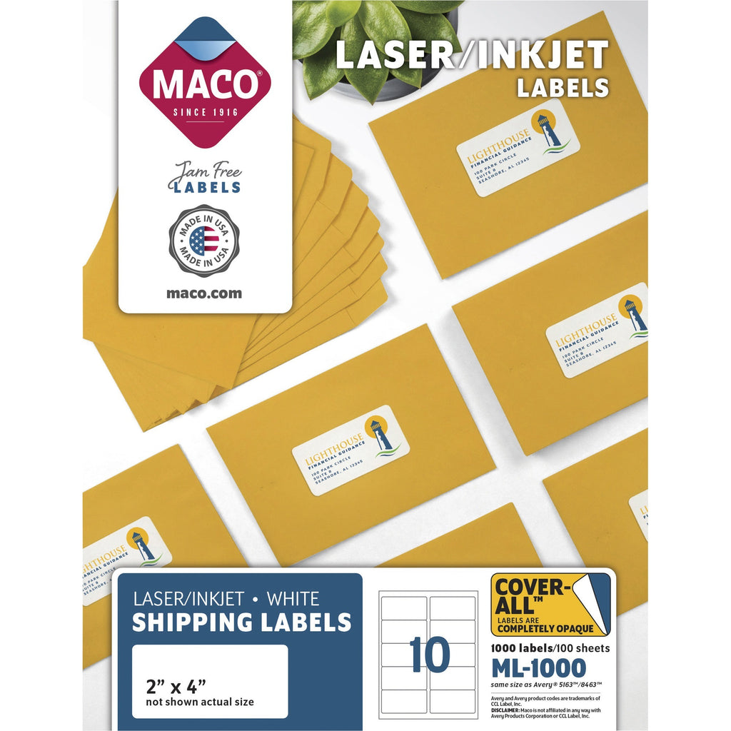 MACO White Laser/Ink Jet Shipping Label - 2" Width x 4" Length - Rectangle - Laser, Inkjet - White - 10 / Sheet - 1000 / Box - Lignin-free