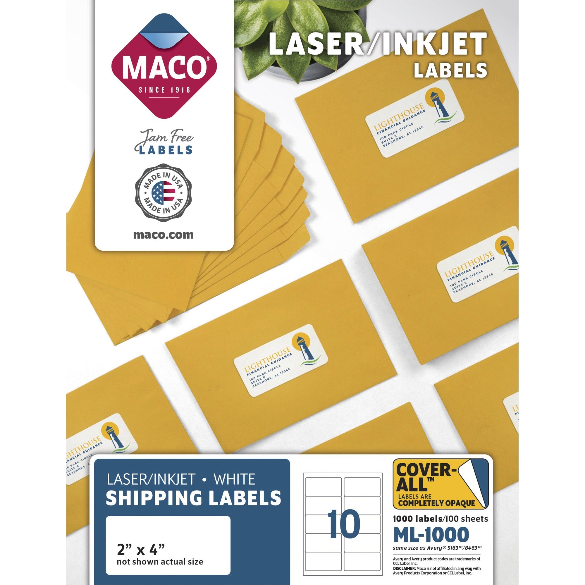 MACO White Laser/Ink Jet Shipping Label - 2" Width x 4" Length - Rectangle - Laser, Inkjet - White - 10 / Sheet - 1000 / Box - Lignin-free