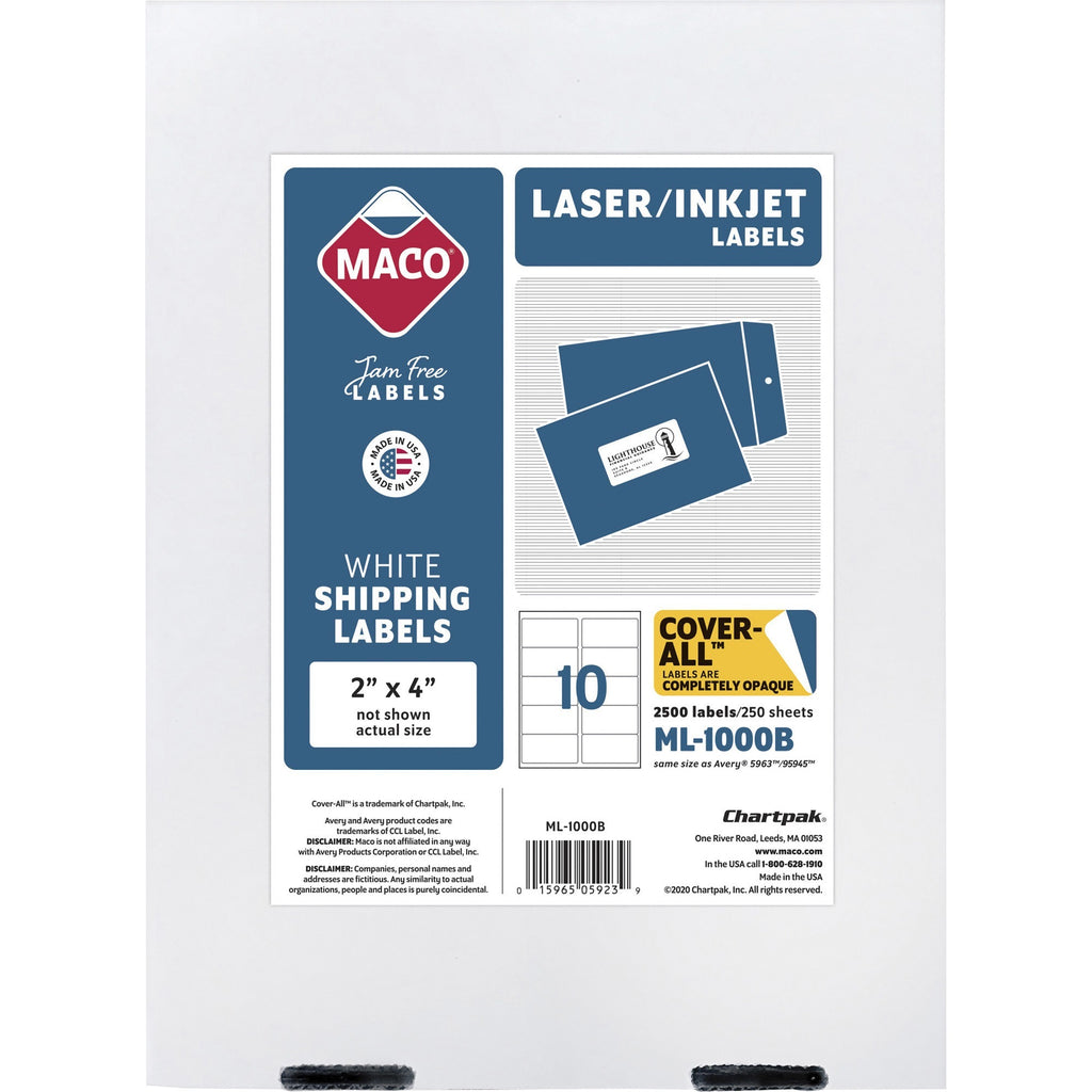 Cover-All Opaque Laser/Inkjet Shipping Labels, Inkjet/Laser Printers, 2 x 4, White, 10 Labels/Sheet, 250 Sheets/Box