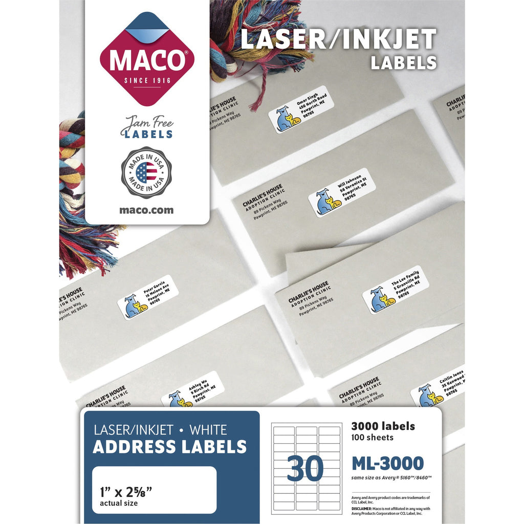 White Laser/Inkjet Shipping Address Labels, Inkjet/Laser Printers, 1 x 2.63, White, 30 Labels/Sheet, 100 Sheets/Box