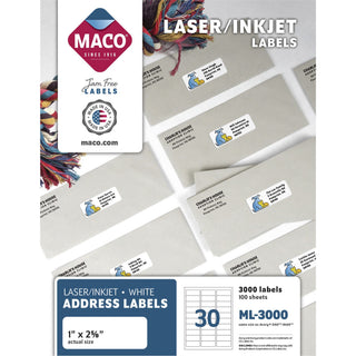 White Laser/Inkjet Shipping Address Labels, Inkjet/Laser Printers, 1 x 2.63, White, 30 Labels/Sheet, 100 Sheets/Box