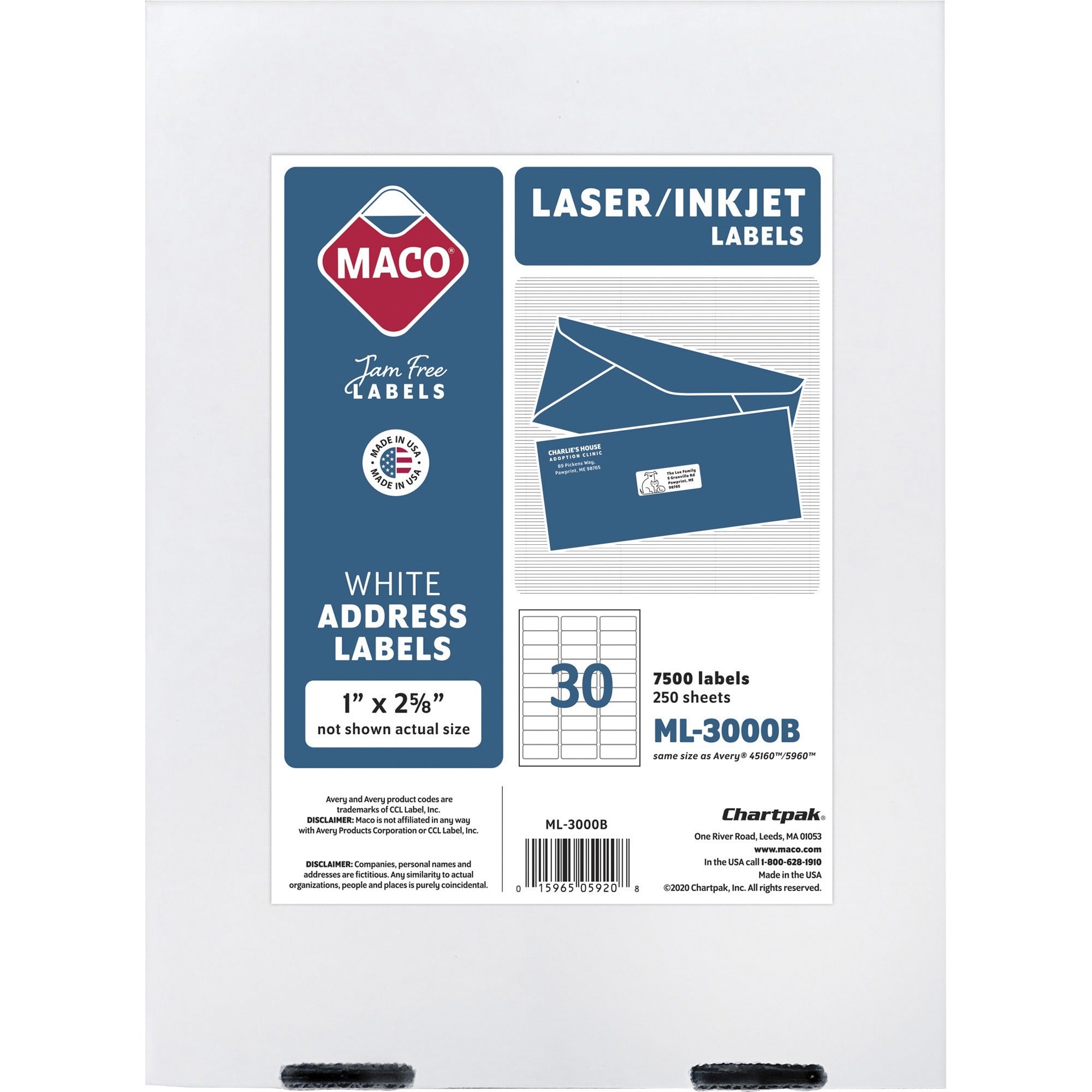 maco-white-laser-ink-jet-address-label-1-width-x-2-5-8-length-permanent-adhesive-rectangle-laser-inkjet-white-30-sheet-7500-box-lignin-free_macml3000b - 1