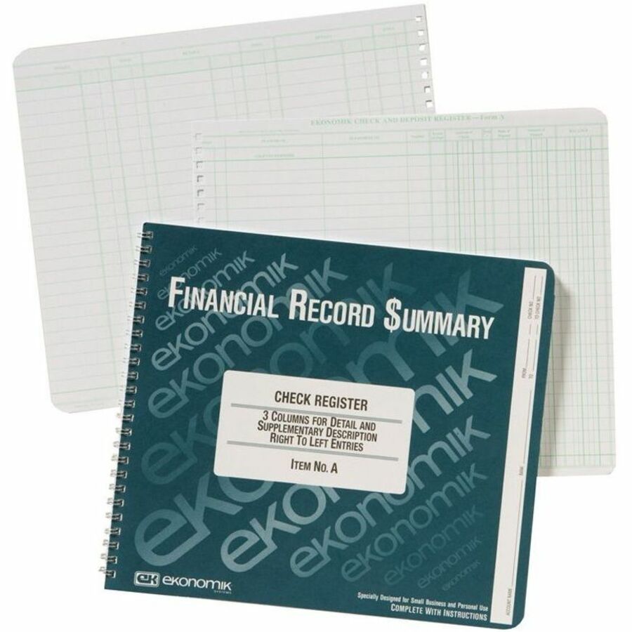 Ekonomik Check / Deposit Register - 40 Sheet(s) - Wire Bound - 10" x 8.75" Sheet Size - White Sheet(s) - Green Print Color - Recycled - 1 Each - 