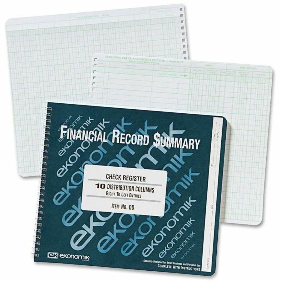 Ekonomik Check Register Forms - 40 Sheet(s) - Wire Bound - 10" x 8.75" Sheet Size - 10 Columns per Sheet - White Sheet(s) - Green Print Color - Recycled - 1 Each - 