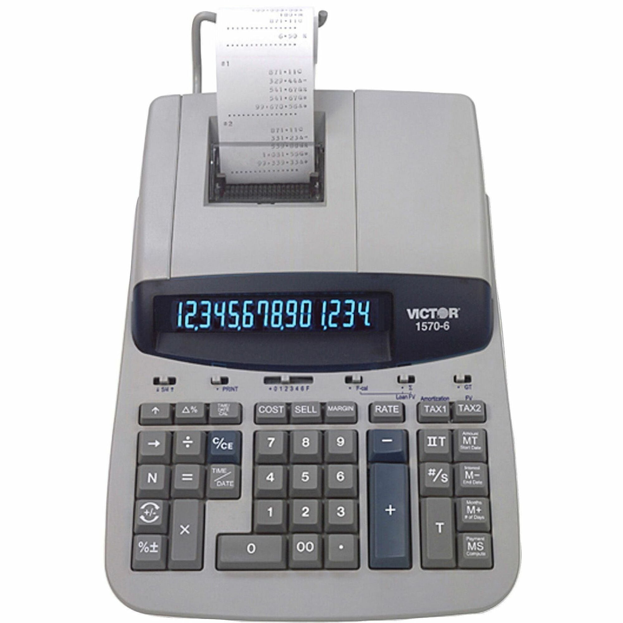 Victor 1570-6 14 Digit Professional Grade Heavy Duty Commercial Printing Calculator - 5.2 LPS - Clock, Date, Big Display, Independent Memory, 4-Key Memory, Sign Change - Power Adapter Powered - 2.8" x 8.8" x 12.5" - Gray, Off White - 1 Each - 