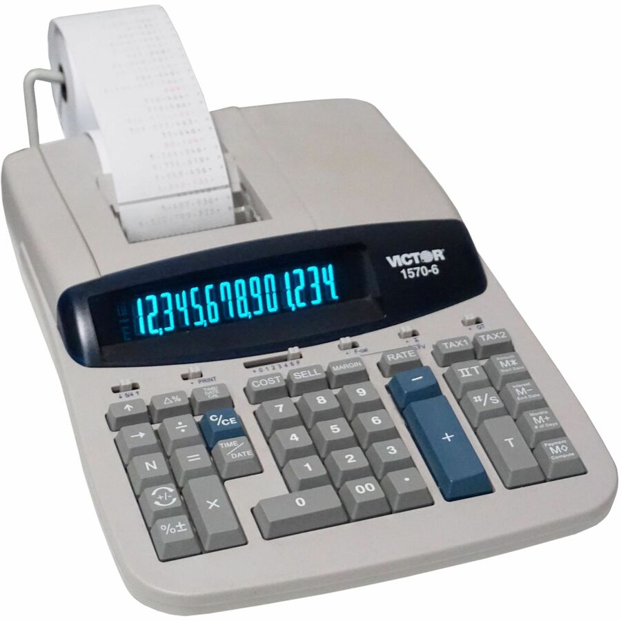 Victor 1570-6 14 Digit Professional Grade Heavy Duty Commercial Printing Calculator - 5.2 LPS - Clock, Date, Big Display, Independent Memory, 4-Key Memory, Sign Change - Power Adapter Powered - 2.8" x 8.8" x 12.5" - Gray, Off White - 1 Each