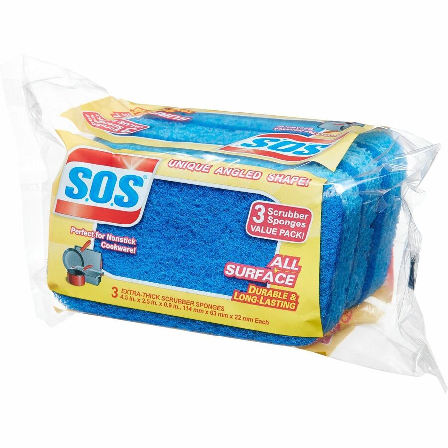 S.O.S All Surface Scrubber Sponge - 5.3" Height x 3" Width x 0.9" Depth - 3/Pack - Cellulose - Blue - 