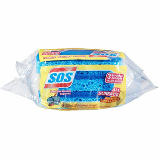 S.O.S All Surface Scrubber Sponge - 5.3" Height x 3" Width x 0.9" Depth - 3/Pack - Cellulose - Blue