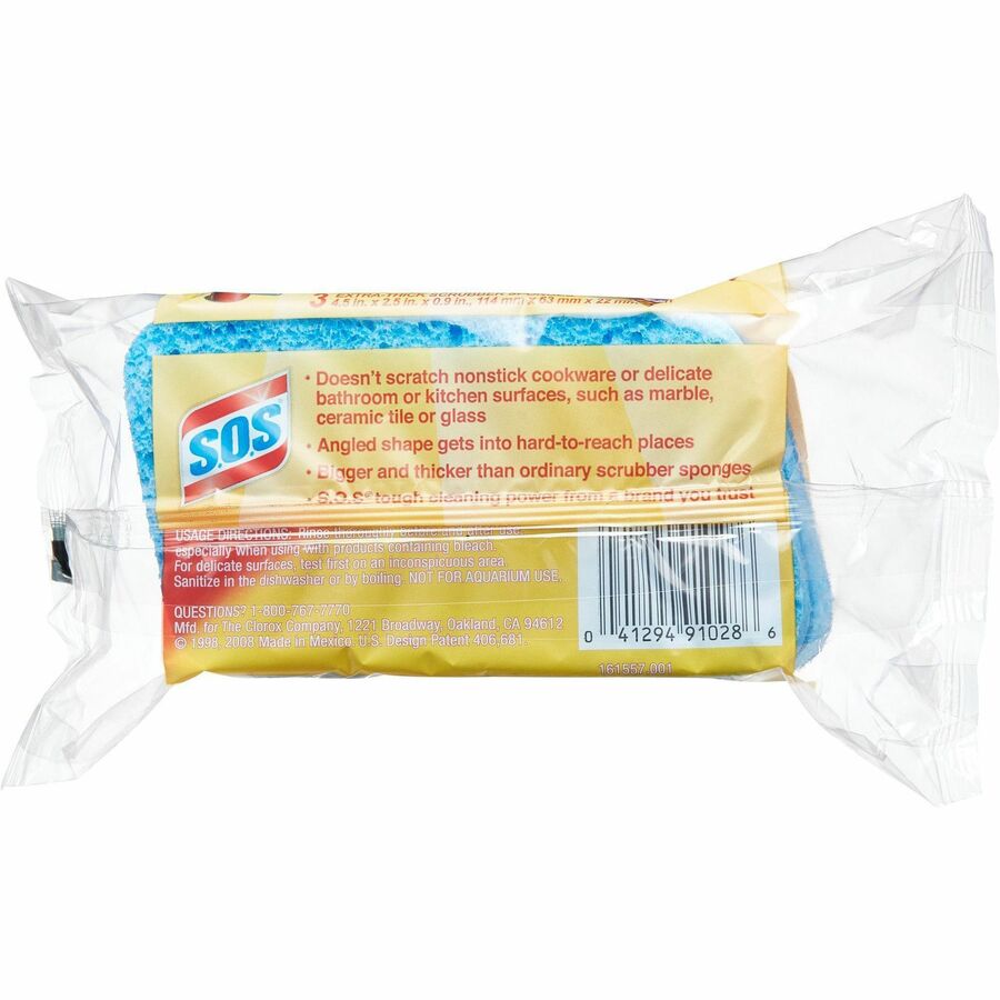 S.O.S All Surface Scrubber Sponge - 5.3" Height x 3" Width x 0.9" Depth - 3/Pack - Cellulose - Blue
