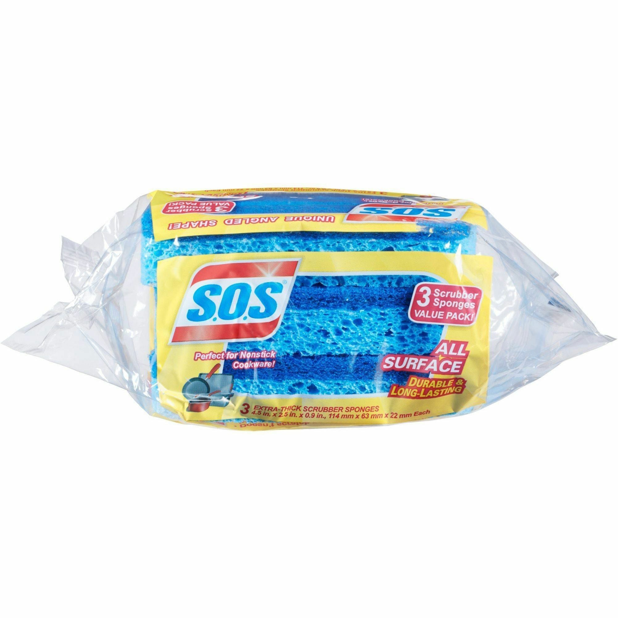 S.O.S All Surface Scrubber Sponge - 5.3" Height x 3" Width x 0.9" Depth - 3/Pack - Cellulose - Blue - 