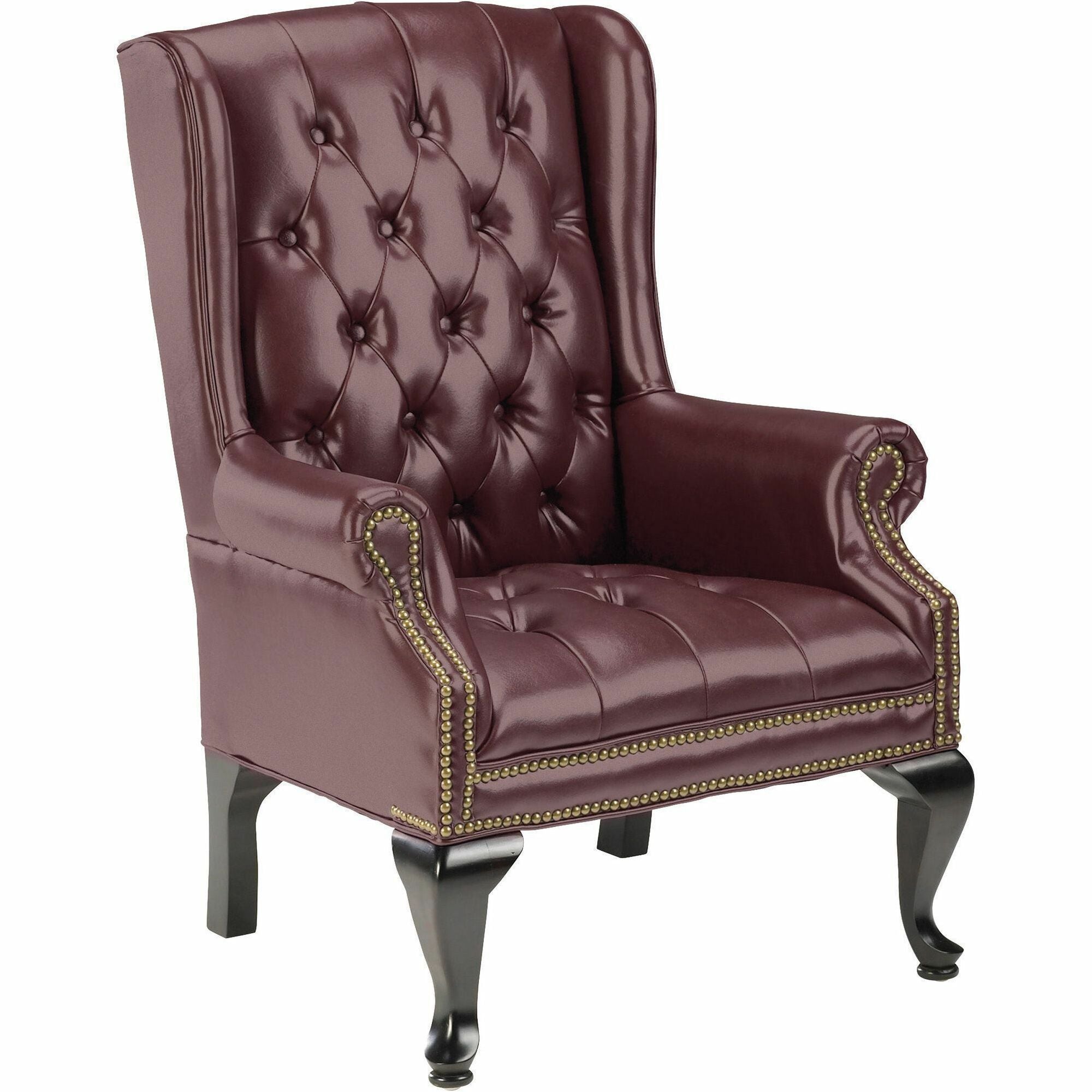 Lorell Berkeley Series Queen Anne Wing-Back Reception Chair - Burgundy Vinyl Seat - Mahogany Hardwood Frame - Four-legged Base - Oxblood - Wood - 1 Each