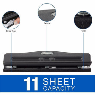 11-Sheet Commercial Adjustable Desktop Two- to Three-Hole Punch, 9/32" Holes, Black