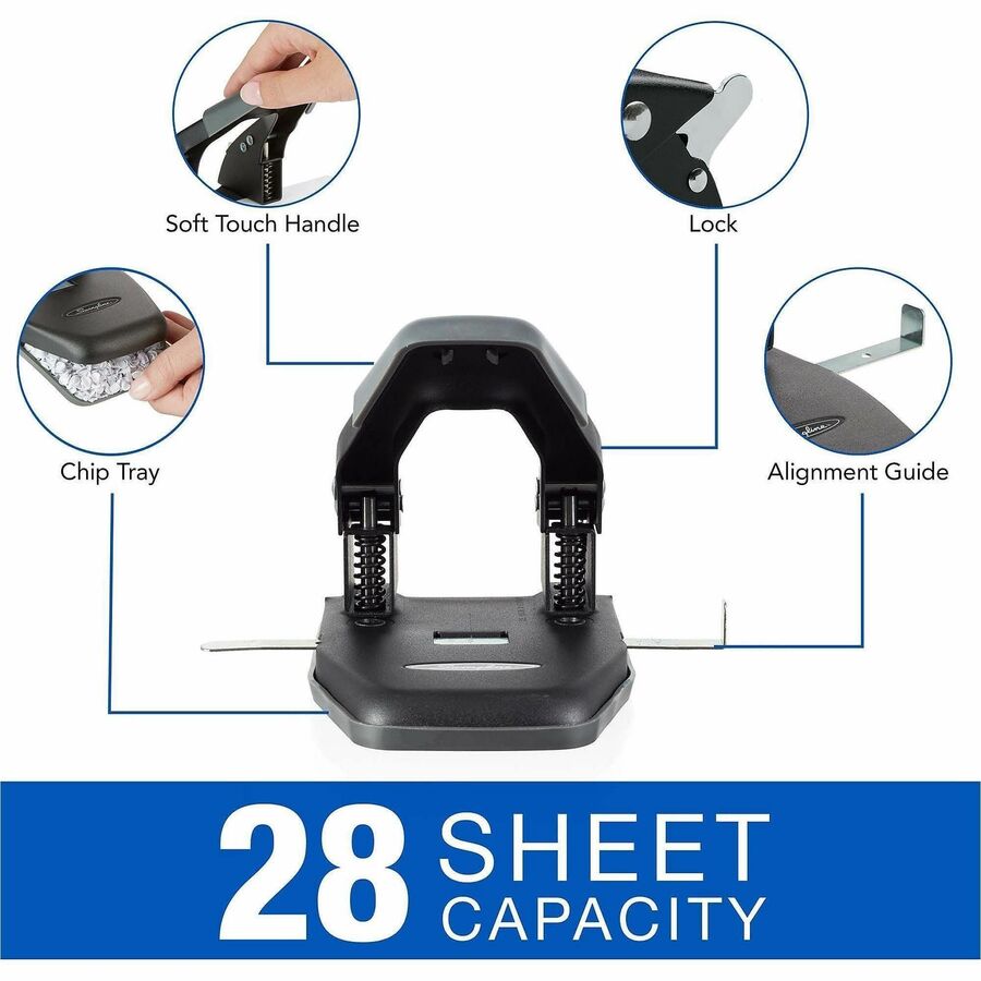 28-Sheet Comfort Handle Steel Two-Hole Punch, 1/4" Holes, Black/Gray