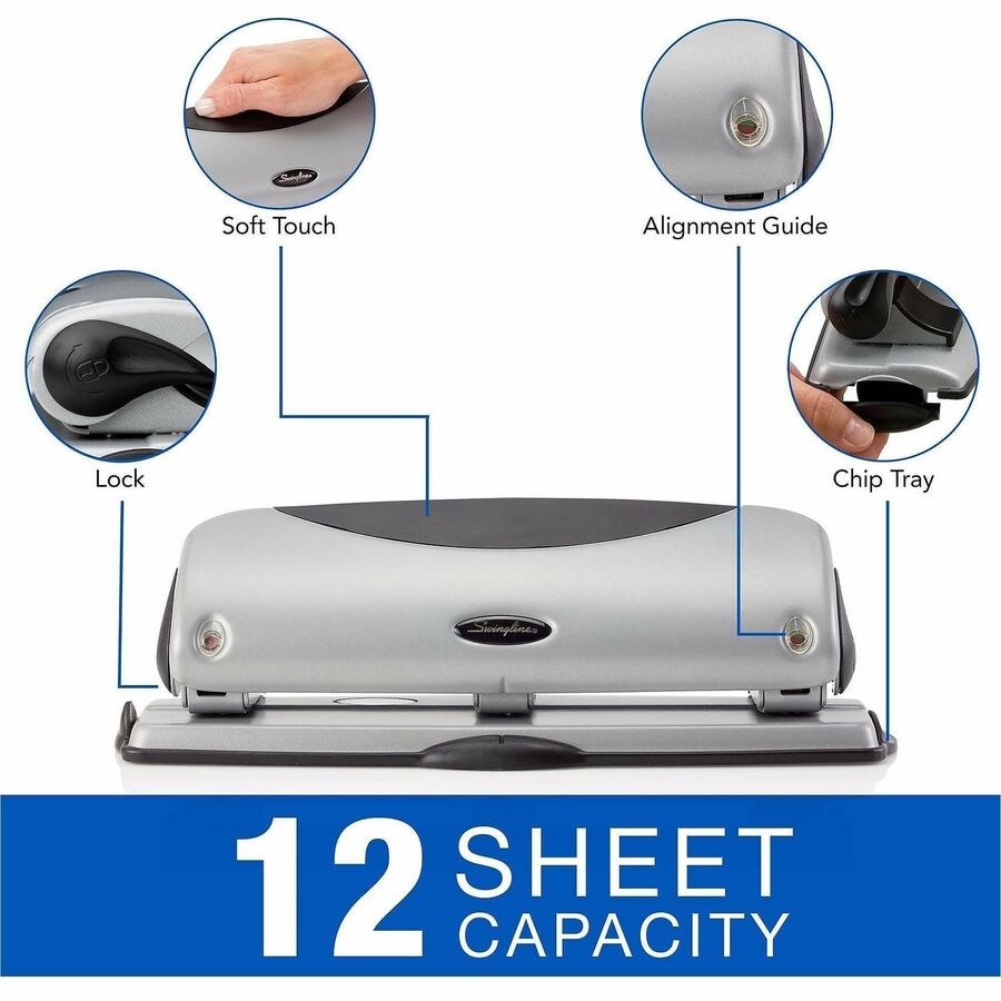 Swingline EasyView Desktop Punch - 3 Punch Head(s) - 12 Sheet - 9/32" Punch Size - Black, Silver
