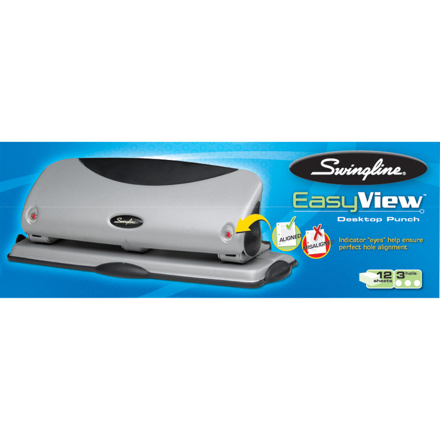 Swingline EasyView Desktop Punch - 3 Punch Head(s) - 12 Sheet - 9/32" Punch Size - Black, Silver - 