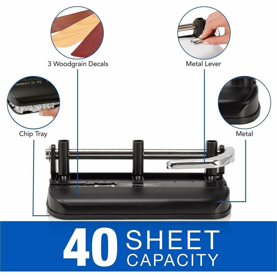 40-Sheet Accented Heavy-Duty Lever Action Two- to Seven-Hole Punch, 11/32" Holes, Black/Woodgrain