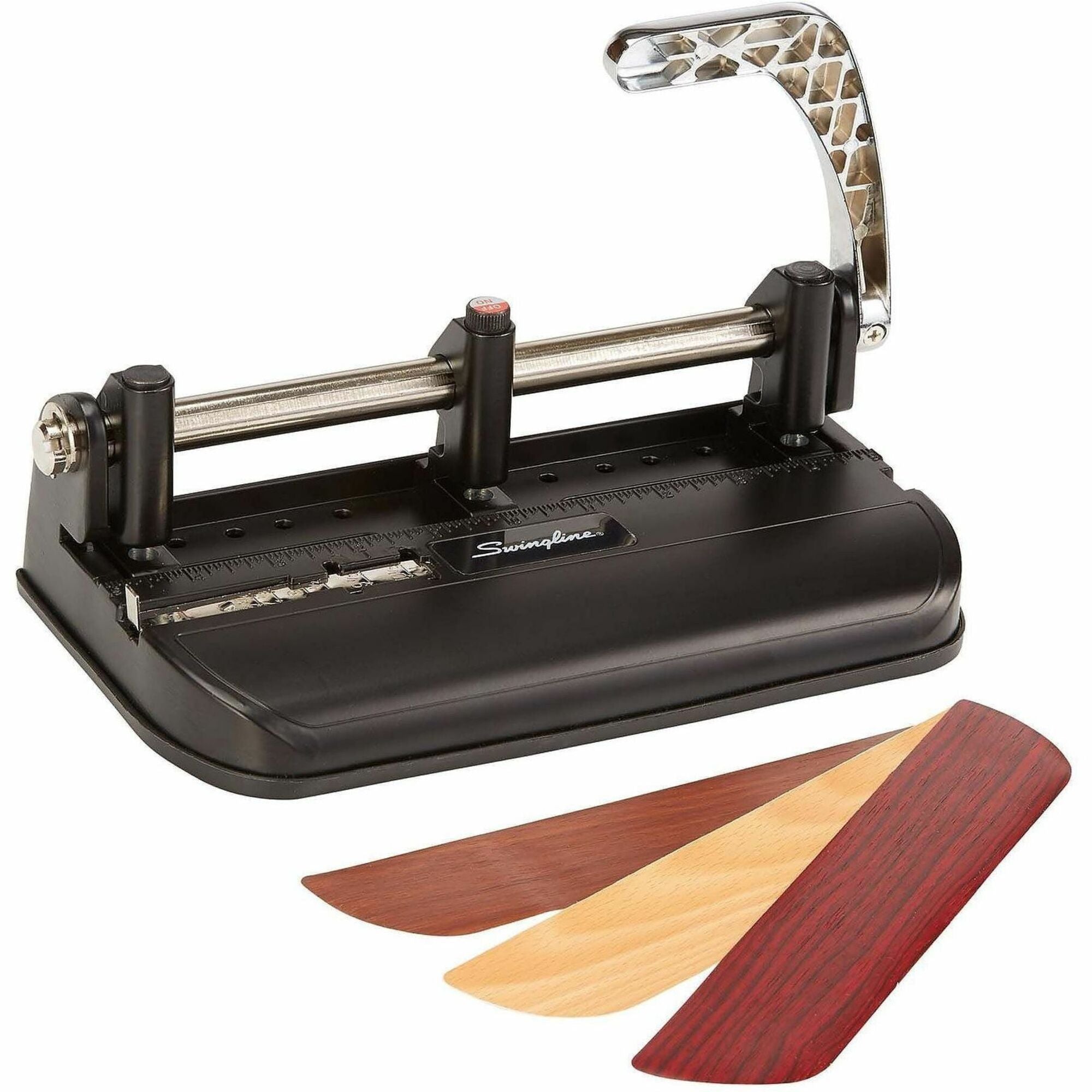 40-Sheet Accented Heavy-Duty Lever Action Two- to Seven-Hole Punch, 11/32" Holes, Black/Woodgrain