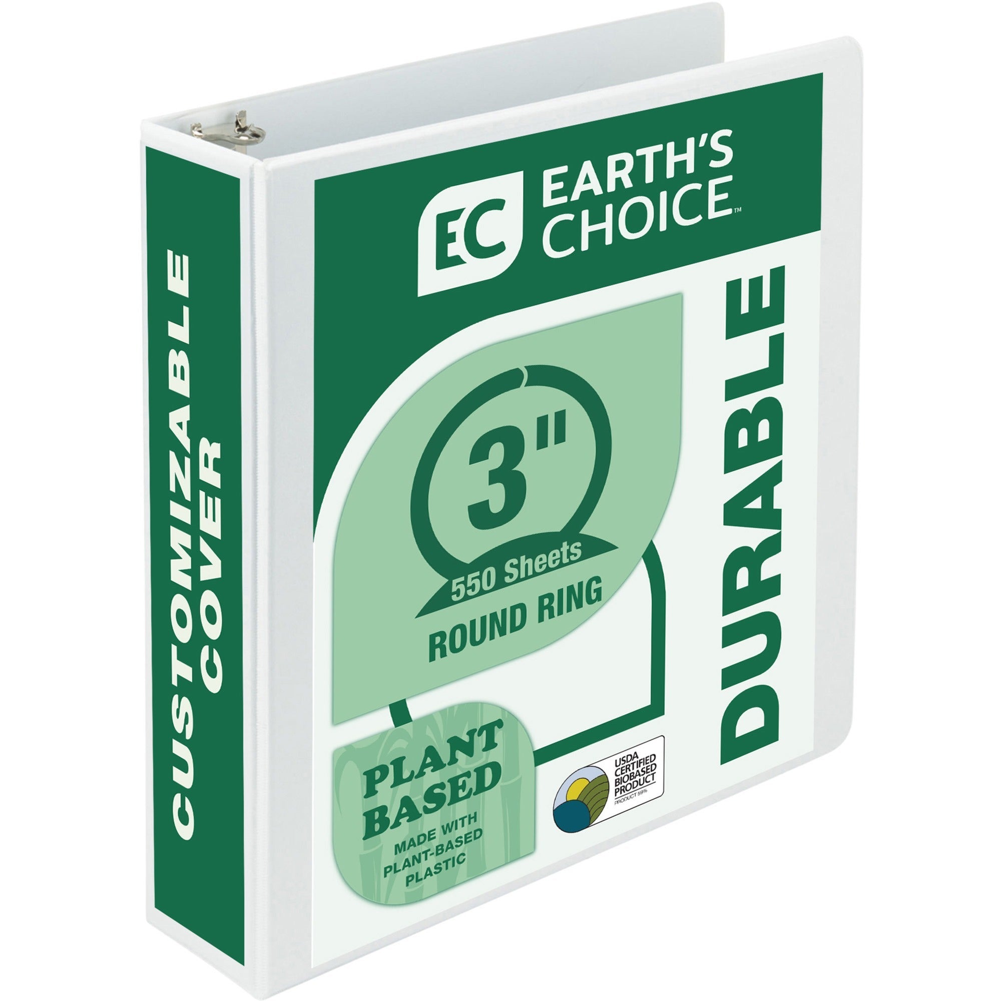 Earth's Choice Plant-Based Round Ring View Binder, 3 Rings, 3" Capacity, 11 x 8.5, White