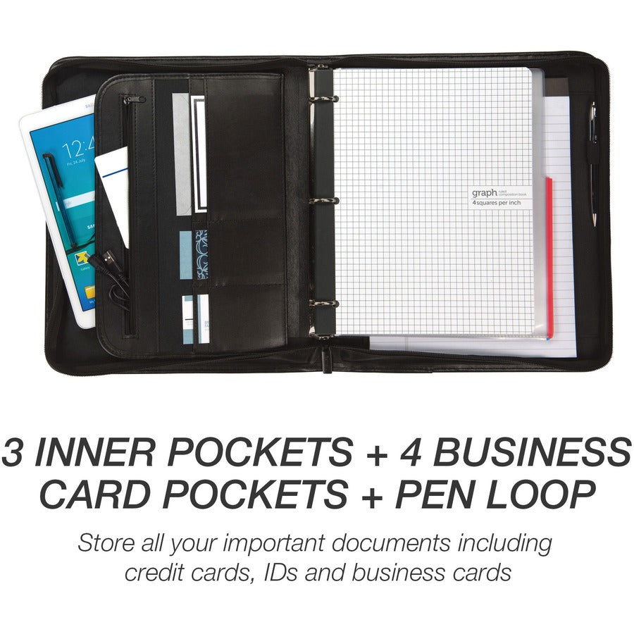 Professional Zippered Pad Holder/Ring Binder, Pockets, Writing Pad, Vinyl Black