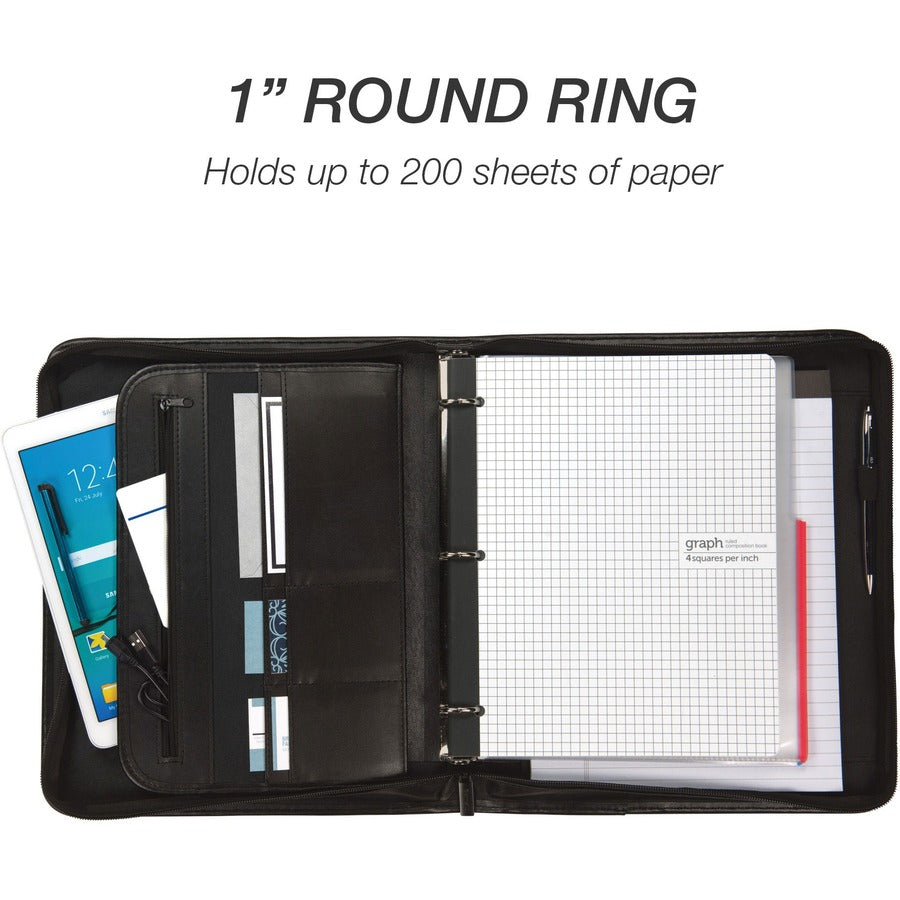 Professional Zippered Pad Holder/Ring Binder, Pockets, Writing Pad, Vinyl Black