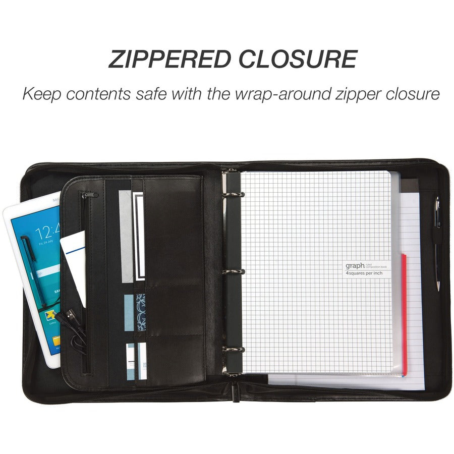 Professional Zippered Pad Holder/Ring Binder, Pockets, Writing Pad, Vinyl Black
