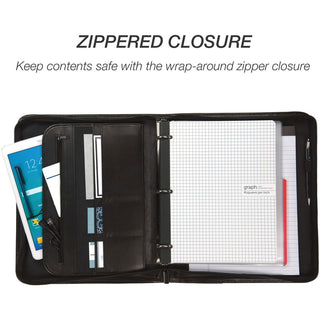 Professional Zippered Pad Holder/Ring Binder, Pockets, Writing Pad, Vinyl Black