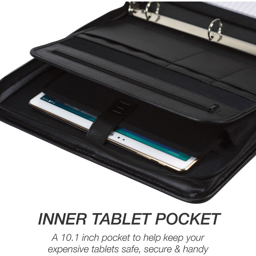 Professional Zippered Pad Holder/Ring Binder, Pockets, Writing Pad, Vinyl Black