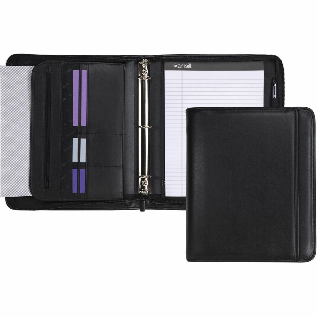Professional Zippered Pad Holder/Ring Binder, Pockets, Writing Pad, Vinyl Black