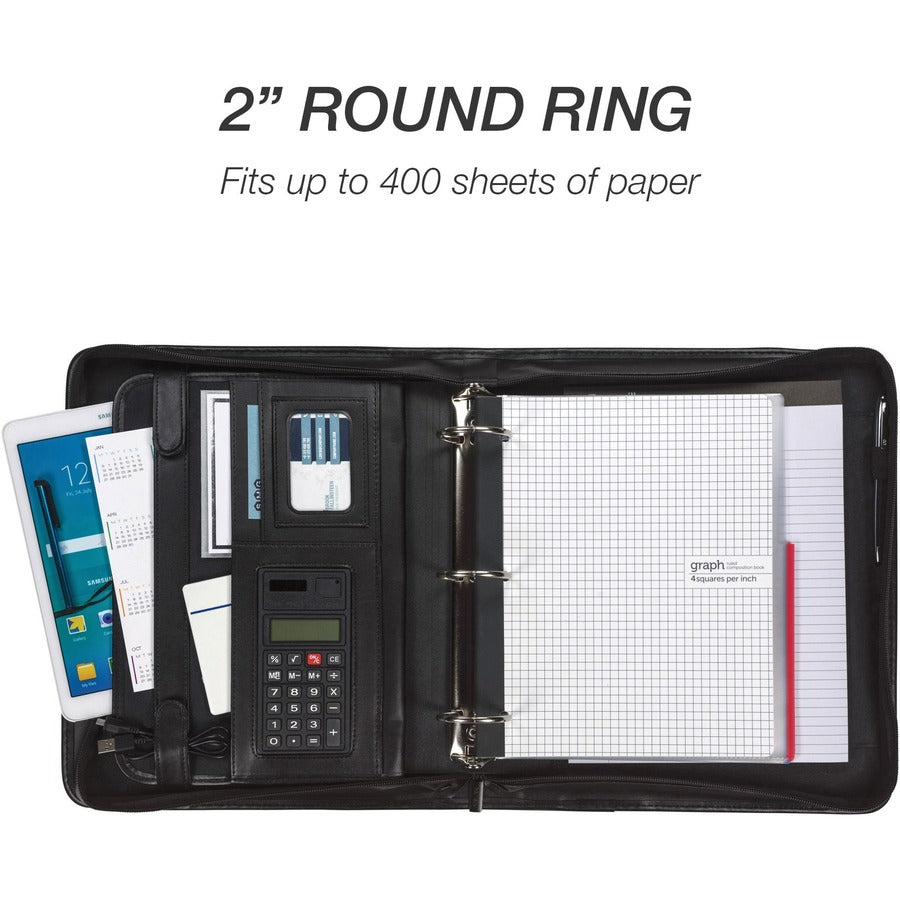 Samsill Letter Portfolio - 8 1/2" x 11" - 3 Fastener(s) - 2" Fastener Capacity for Folder - 2 Exterior, Internal Pocket(s) - Vinyl, Leather, Metal, Nappa Leather - Black - 1 Each