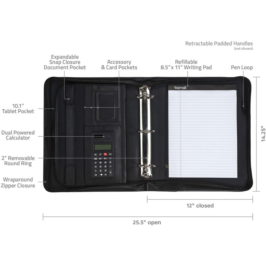 Samsill Letter Portfolio - 8 1/2" x 11" - 3 Fastener(s) - 2" Fastener Capacity for Folder - 2 Exterior, Internal Pocket(s) - Vinyl, Leather, Metal, Nappa Leather - Black - 1 Each