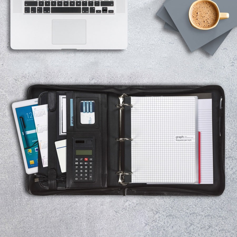 Samsill Letter Portfolio - 8 1/2" x 11" - 3 Fastener(s) - 2" Fastener Capacity for Folder - 2 Exterior, Internal Pocket(s) - Vinyl, Leather, Metal, Nappa Leather - Black - 1 Each
