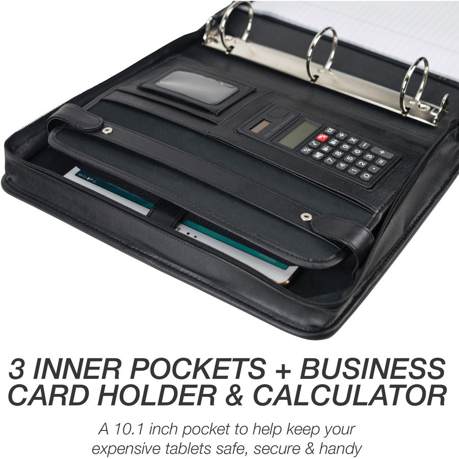 Samsill Letter Portfolio - 8 1/2" x 11" - 3 Fastener(s) - 2" Fastener Capacity for Folder - 2 Exterior, Internal Pocket(s) - Vinyl, Leather, Metal, Nappa Leather - Black - 1 Each