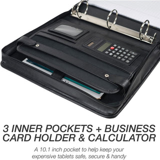 Samsill Letter Portfolio - 8 1/2" x 11" - 3 Fastener(s) - 2" Fastener Capacity for Folder - 2 Exterior, Internal Pocket(s) - Vinyl, Leather, Metal, Nappa Leather - Black - 1 Each