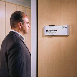 DURABLE Wall Mounted INFO SIGN - 5-9/10" x 2-1/10" - Rectangular Shape - Acrylic, Aluminum - Updateable - Silver - 1 Pack