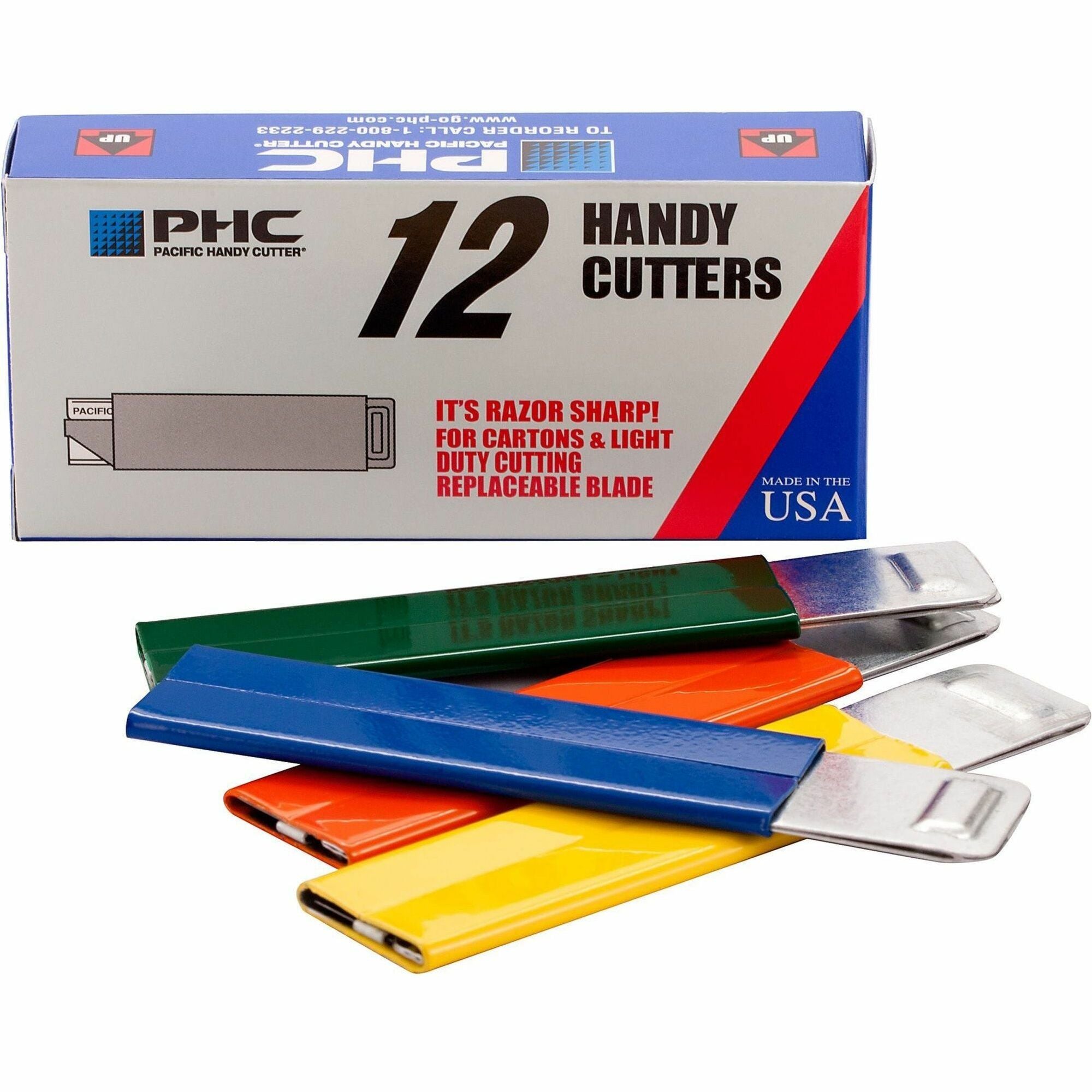 PHC Pacific Handy Box Cutter - Tap Open, Tap Close - Aluminum - Assorted - 12 / Box - 