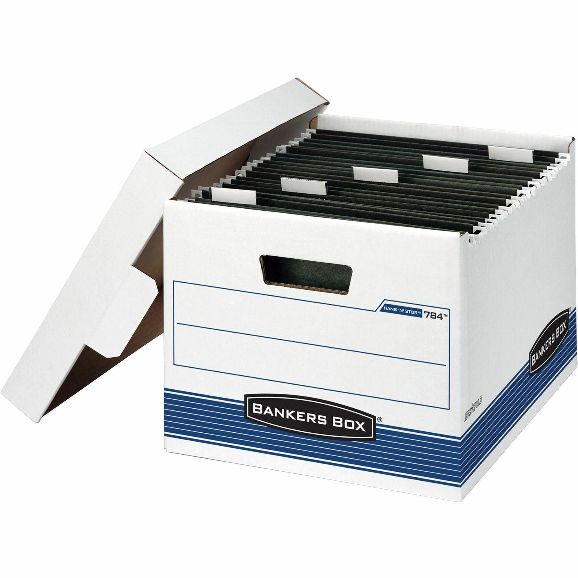 HANG'N'STOR Medium-Duty Storage Boxes, Letter Files, 12.63" x 15.63" x 10", White/Blue, 4/Carton