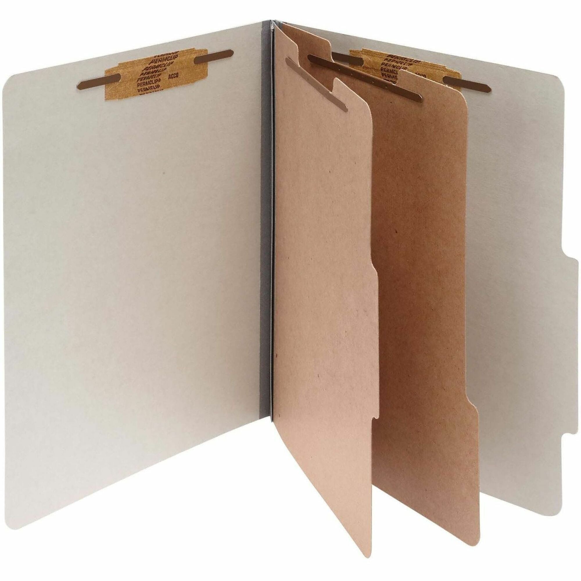 Pressboard Classification Folders, 3" Expansion, 2 Dividers, 6 Fasteners, Letter Size, Mist Gray Exterior, 10/Box