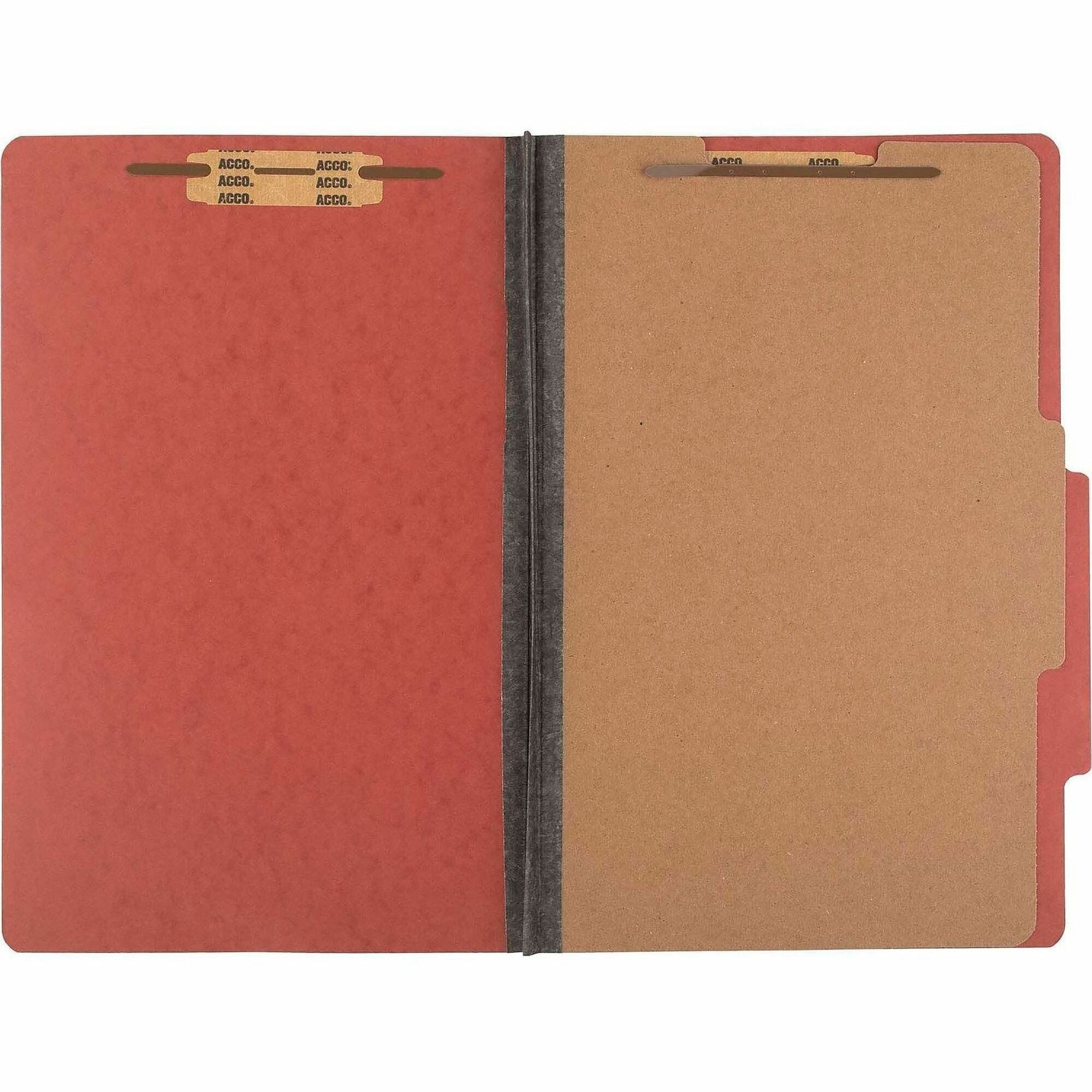 Pressboard Classification Folders, 2" Expansion, 1 Divider, 4 Fasteners, Legal Size, Earth Red Exterior, 10/Box