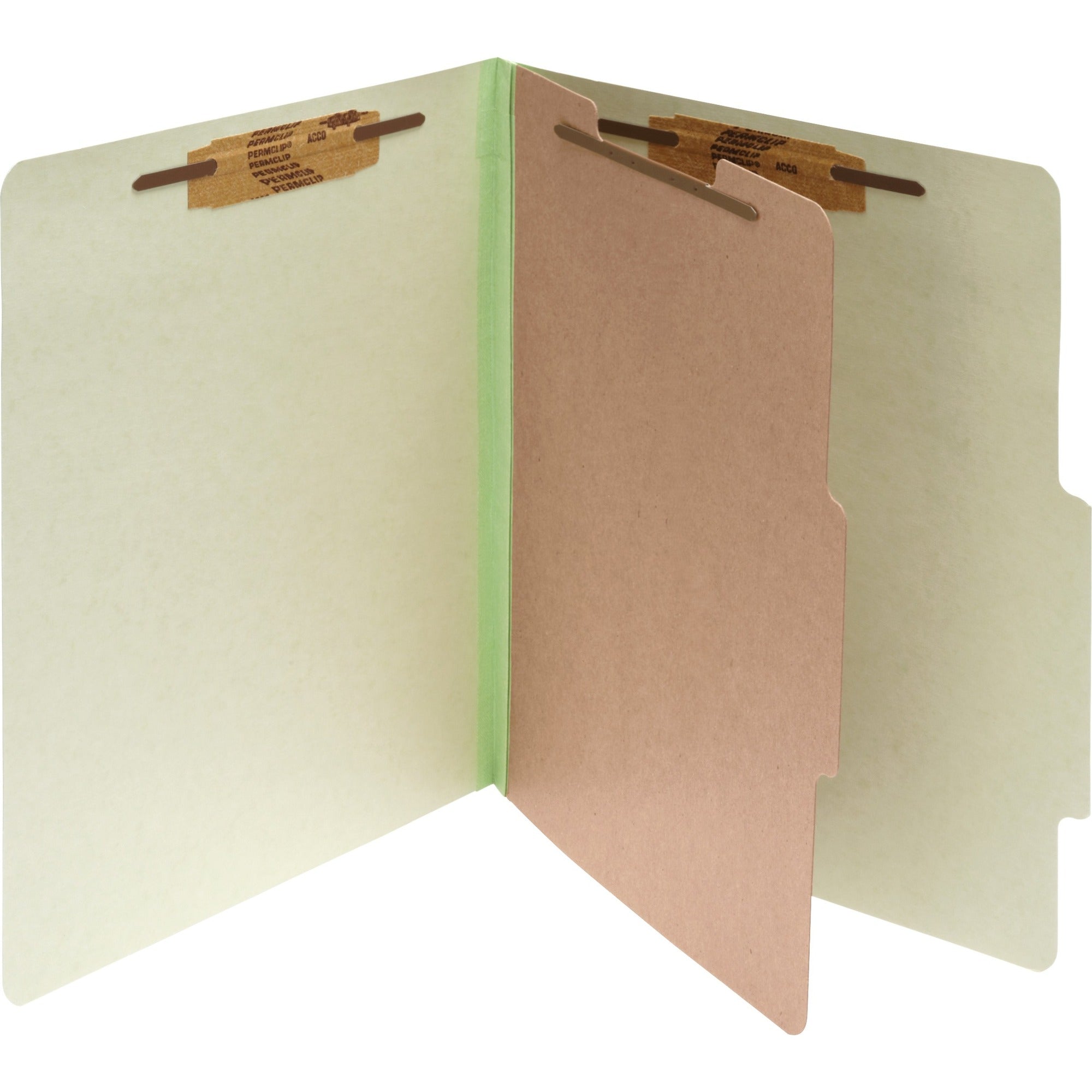 Pressboard Classification Folders, 2" Expansion, 1 Divider, 4 Fasteners, Legal Size, Leaf Green Exterior, 10/Box