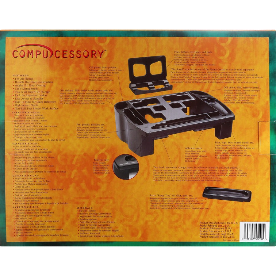 Compucessory Telephone Stand/Organizer - 5" Height x 11.5" Width x 9.5" DepthDesktop - Non-skid Base, Cable Management - Black - Plastic - 1 Each
