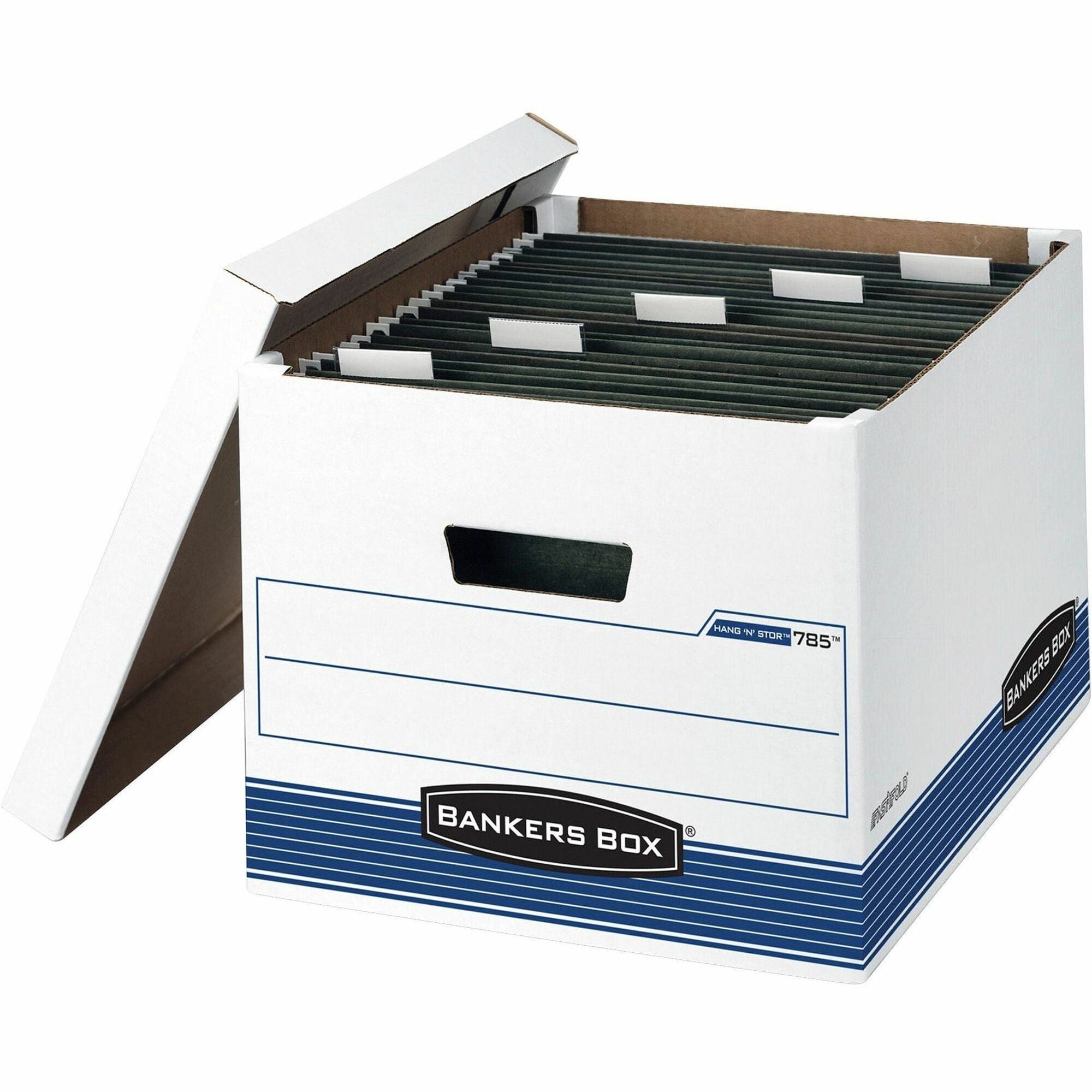 HANG'N'STOR Medium-Duty Storage Boxes, Letter/Legal Files, 13" x 16" x 10.5", White/Blue, 4/Carton