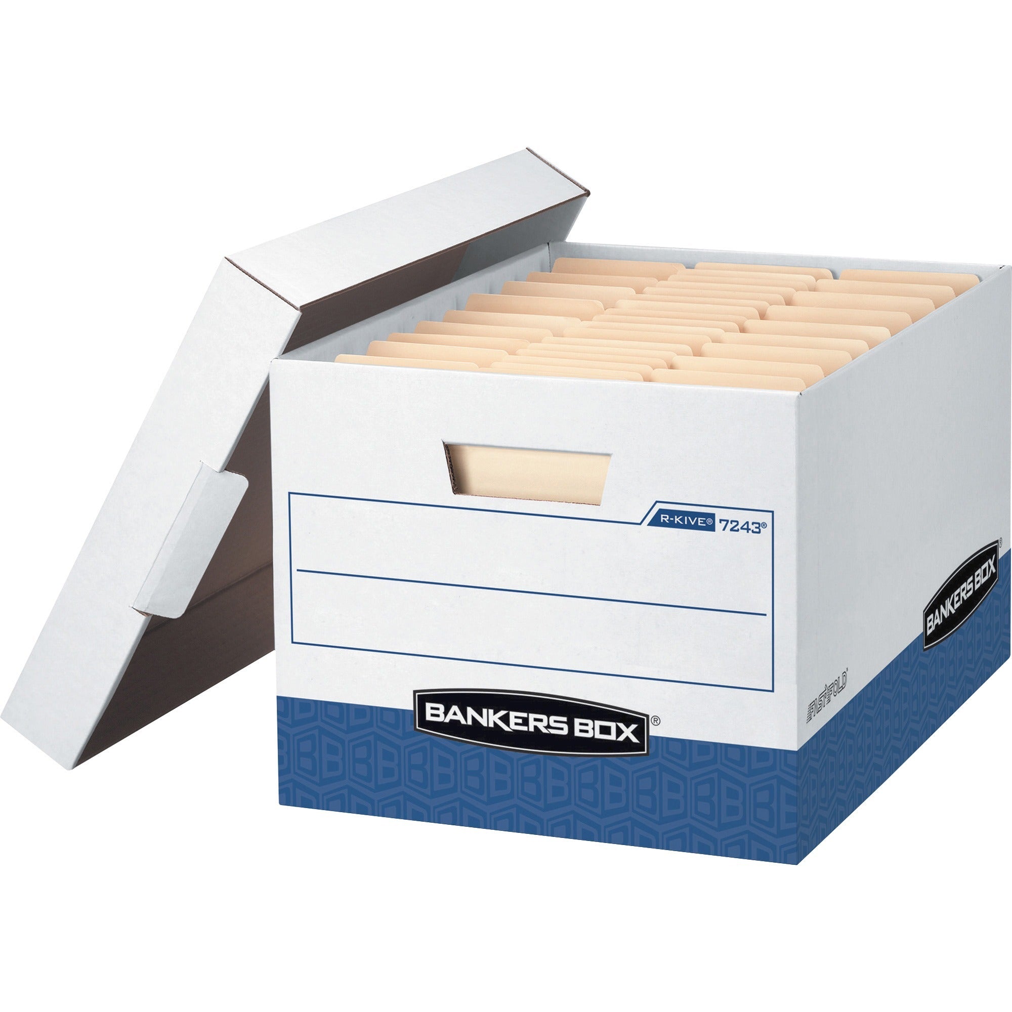 R-KIVE Heavy-Duty Storage Boxes, Letter/Legal Files, 12.75" x 16.5" x 10.38", White/Blue, 12/Carton