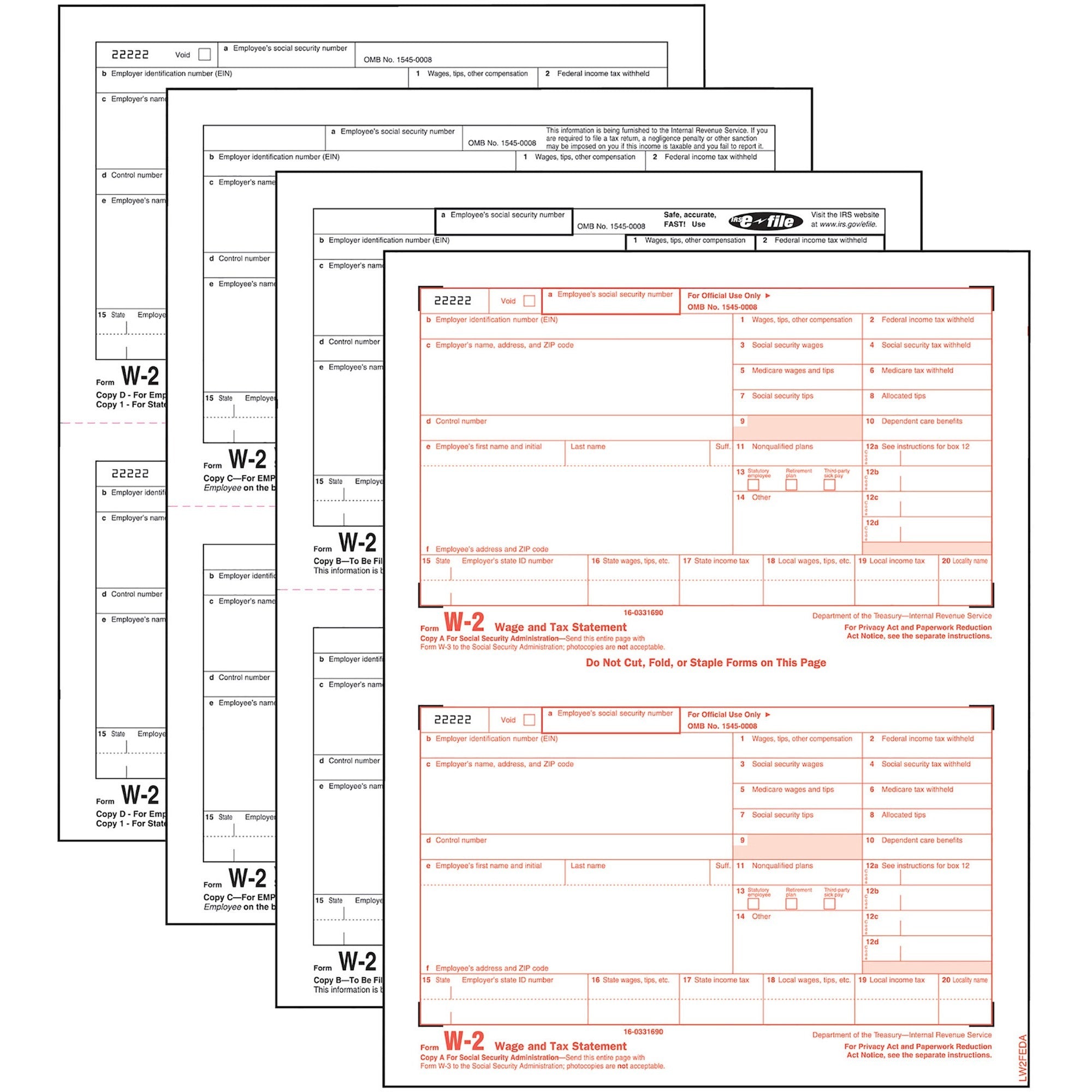 W-2 Tax Forms for Inkjet/Laser Printers, Fiscal Year: 2023, Four-Part Carbonless, 8.5 x 5.5, 2 Forms/Sheet, 50 Forms Total