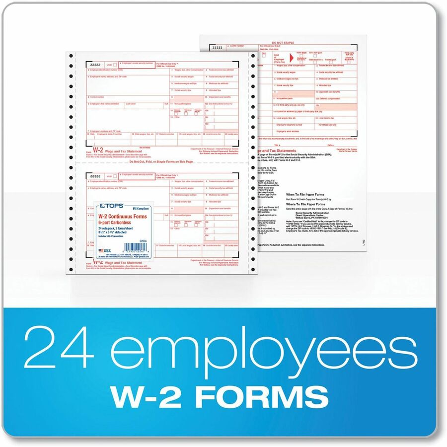 W-2 Tax Forms for Dot Matrix Printers, Fiscal Year: 2023, Six-Part Carbonless, 5.5 x 8.5, 2 Forms/Sheet, 24 Forms Total