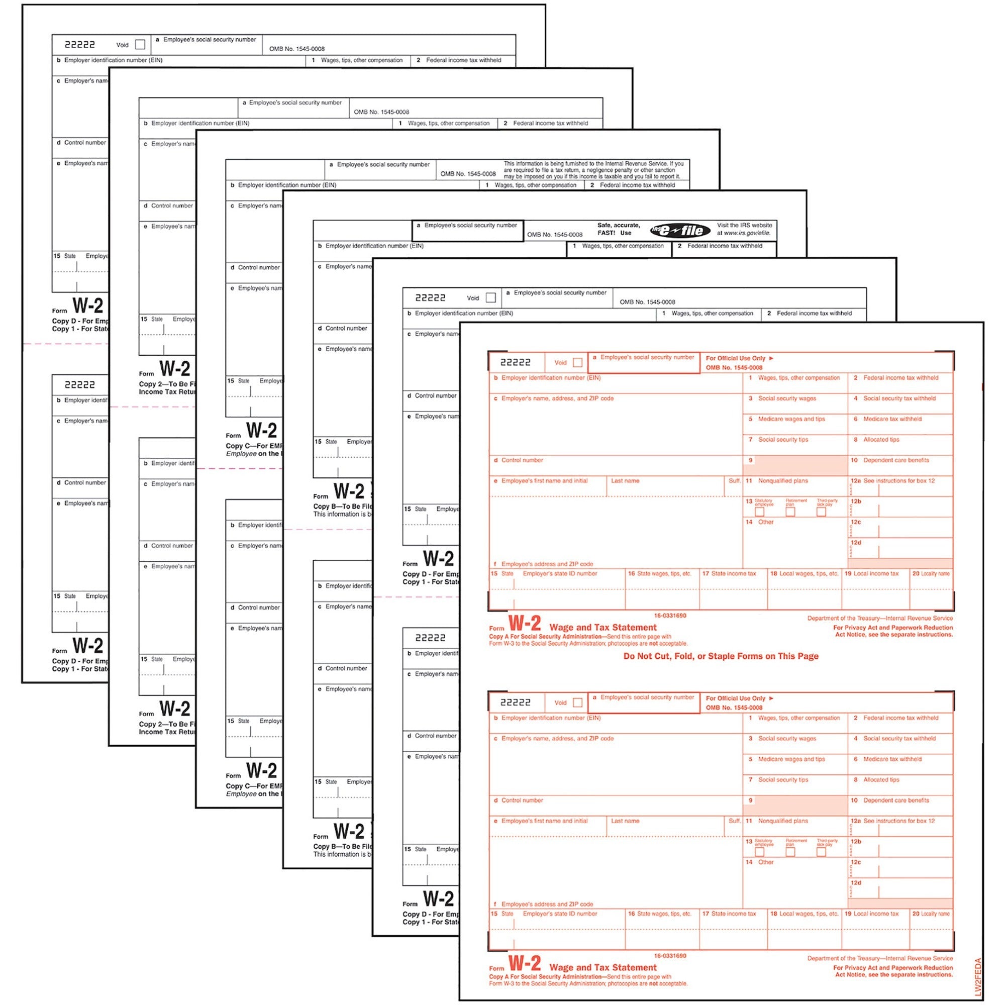 W-2 Tax Forms for Inkjet/Laser Printers, Fiscal Year: 2023, Six-Part Carbonless, 8.5 x 5.5, 2 Forms/Sheet, 50 Forms Total