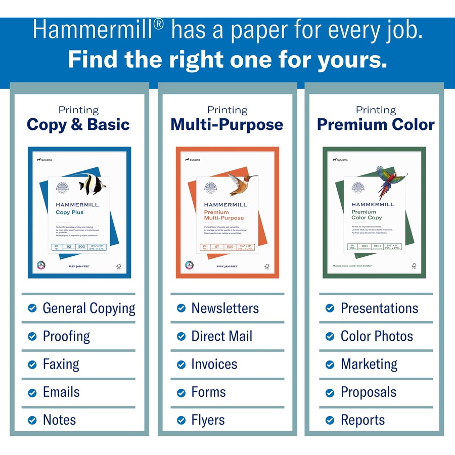 Hammermill Great White 3HP Recycled Copy Paper - White - 92 Brightness - Letter - 8 1/2" x 11" - 20 lb Basis Weight - 5000 / Carton - Acid-free, Moisture Resistant, Pre-punched, Archival-safe, Jam-free - White - 