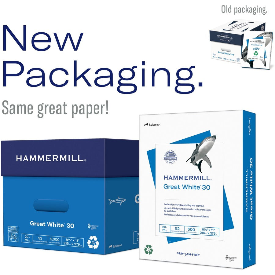 Hammermill Great White 3HP Recycled Copy Paper - White - 92 Brightness - Letter - 8 1/2" x 11" - 20 lb Basis Weight - 5000 / Carton - Acid-free, Moisture Resistant, Pre-punched, Archival-safe, Jam-free - White