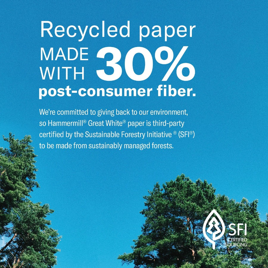 Hammermill Great White 3HP Recycled Copy Paper - White - 92 Brightness - Letter - 8 1/2" x 11" - 20 lb Basis Weight - 5000 / Carton - Acid-free, Moisture Resistant, Pre-punched, Archival-safe, Jam-free - White