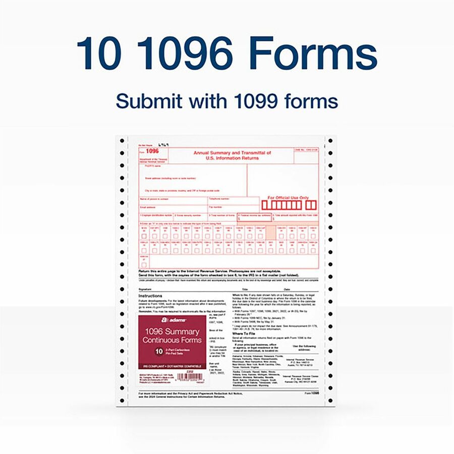 1096 Tax Form for Dot Matrix Printers, Fiscal Year: 2023, Two-Part Carbonless, 8 x 11, 10 Forms Total